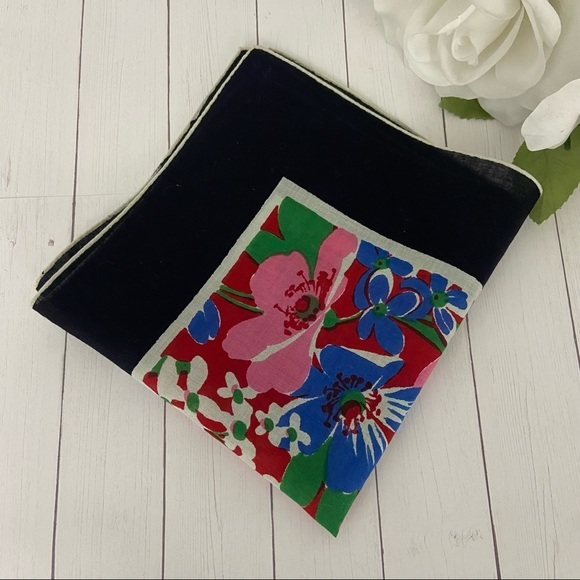 Authentic Original Vintage Style Accessories - Vintage Blue White Pink Floral Green Leaves Handkerchief Hanky Cottage Cotton